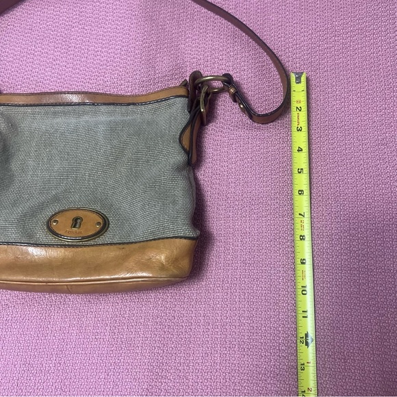 FOSSIL MADDOX Leather Khaki Canvas Bucket Crossbody Shoulder Bag Traveler - Picture 7 of 15
